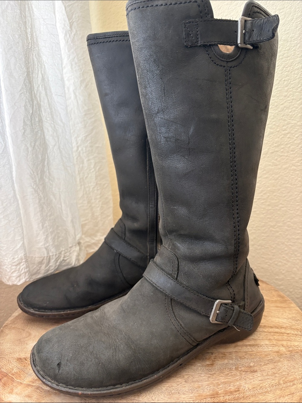UGG Black Leather Knee-High Buckle Boots